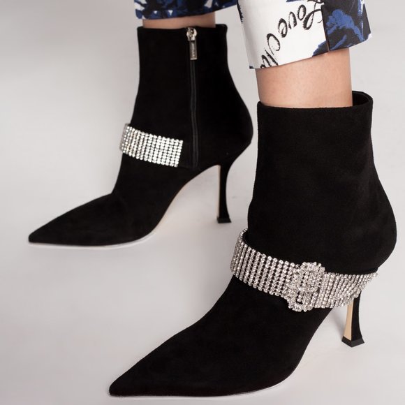 Jimmy Choo Kaza Suede Crystal-Buckle Booties Size 40